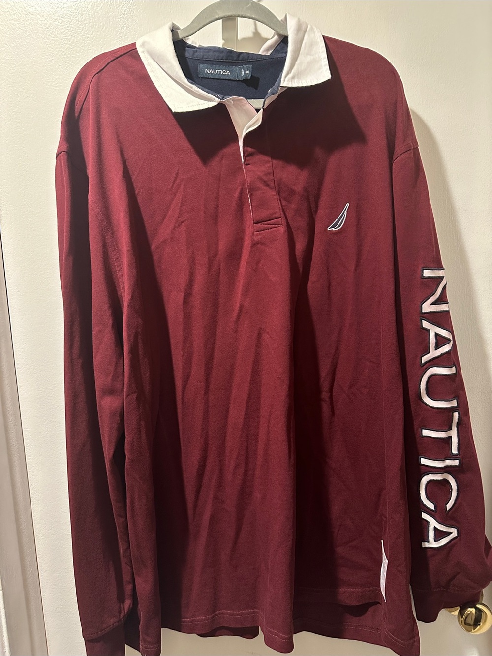 Nautica Men's Long Sleeve Rugby Polo in Burgundy with White Collar 3xl